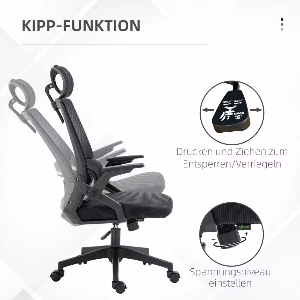 Sedia da ufficio ergonomica moderna in tessuto nero con poggiatesta, braccioli e ruote, ideale per home office, L/P/H: 61 x 61 x 120 cm – 2