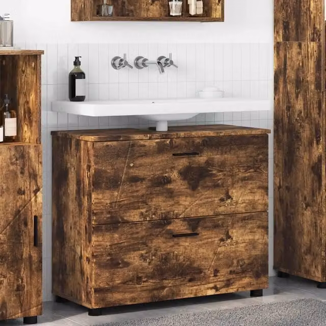 Mobile da Bagno Moderno vidaXL in Rovere Marrone con Ante e Cassetti L: 76,5 cm, P: 35 cm, H: 64 cm – 1