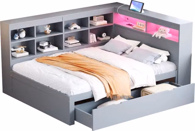 Letto matrimoniale multifunzionale 140x200 cm con cassetti; USB e LED; grigio