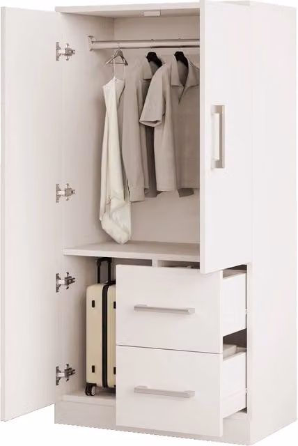 Armadio guardaroba 70x40x135 cm con 2 ante e 2 cassetti in pino; MDF e compensato; bianco