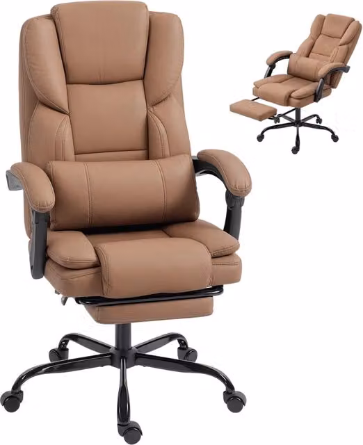 Sedia da Ufficio Ergonomica Reclinabile in Finta Pelle Marrone con Poggiatesta e Ruote L/P/H: 65 x 67 x 111-119 cm – 1