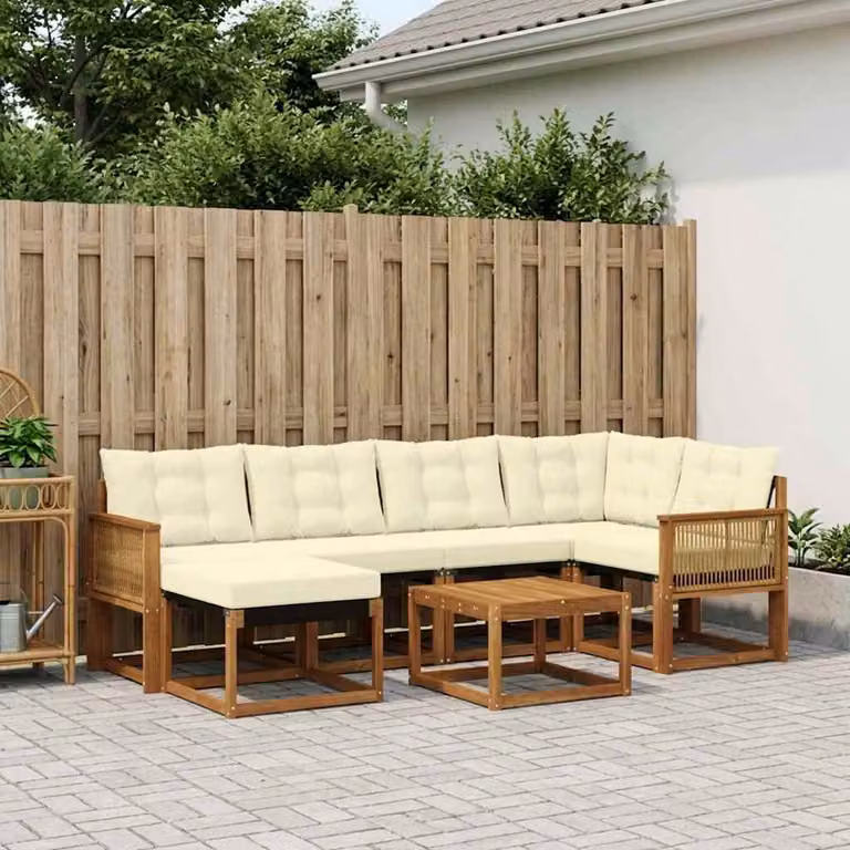 Set di divani da esterno vidaXL 7 pz in legno di acacia con cuscini beige e bianco per giardino e terrazza