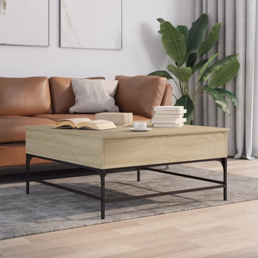 vidaXL Tavolino Quadrato Moderno in Legno e Metallo, Colore Marrone e Beige, L 95 x P 95 x H 45 cm