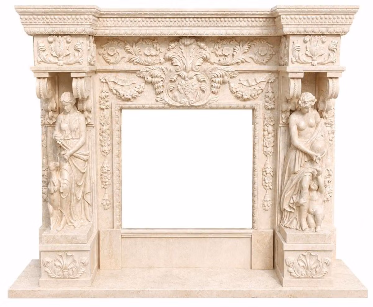 Cornice per camino in marmo di stile barocco color beige chiaro, dimensioni 190 x 160 cm. Arredamento in stile barocco, ideale per hotel e soggiorni