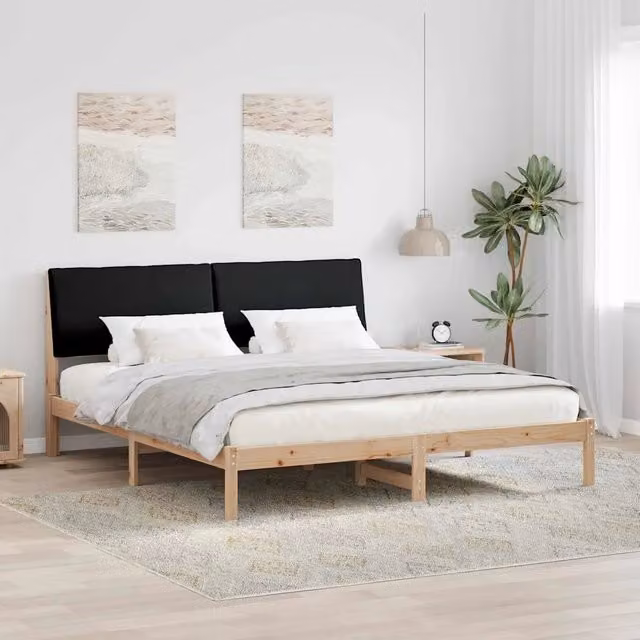 Letto moderno vidaXL in legno di pino con testiera in tessuto, Marrone e Nero, L/P/H: 200 x 200 x 93,5 cm