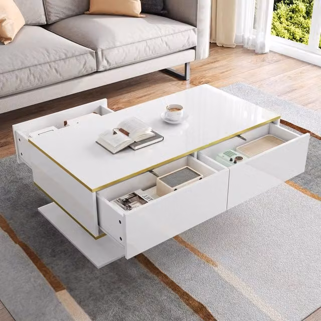 Tavolino da salotto LED con 3 cassetti e vano aperto, finitura lucida con decori dorati, bianco, 100 × 50 × 40 cm