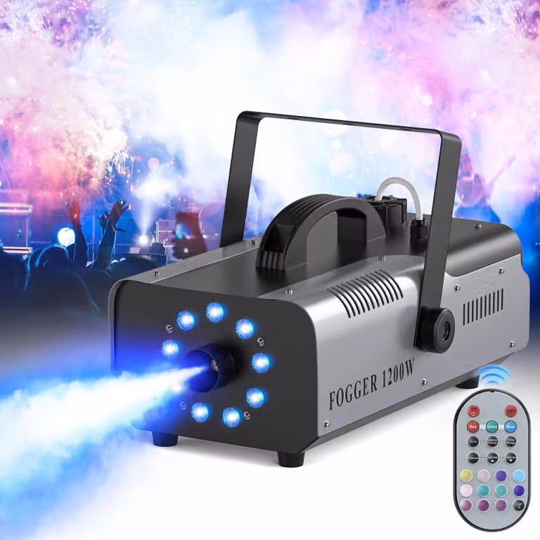 Macchina del fumo per effetti scenici - Generatore di fumo da 1200W - Nove luci LED RGB - Controllo DMX - Ideale per DJ, feste e spettacoli - Spina europea