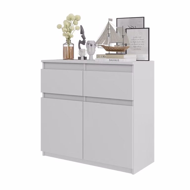 Comodà da 80 cm, bianco opaco, 2 cassetti, 2 ante, 2 ripiani, soggiorno