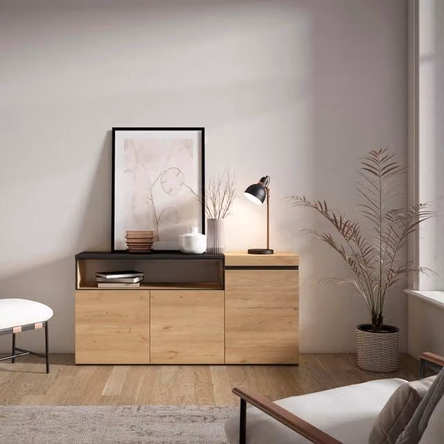 Credenza, Mobile, 150x35x75cm, 3 Porte, grande stoccaggio, colore Rovere e nero RF2516