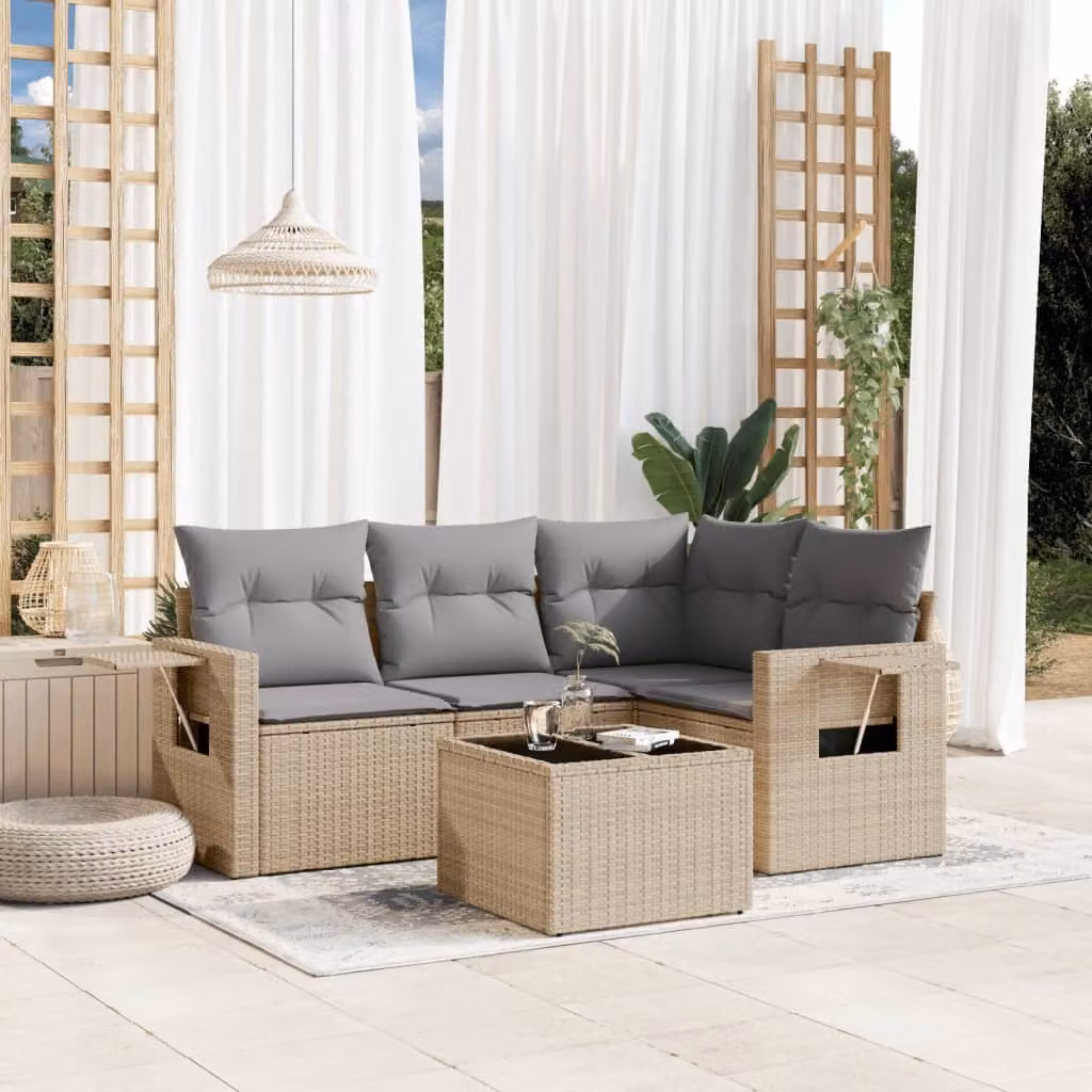 vidaXL Set Divano da Giardino a L 5 pz con Cuscini Beige e Tavolino in Vetro – 1