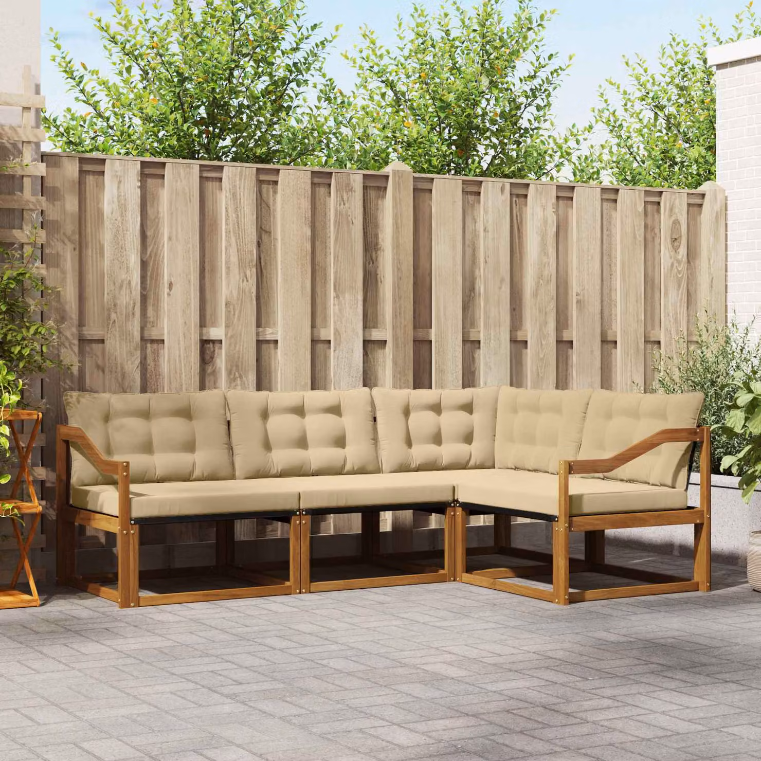Set di divani da esterno vidaXL a forma di L con struttura in legno di acacia e cuscini beige e marrone
