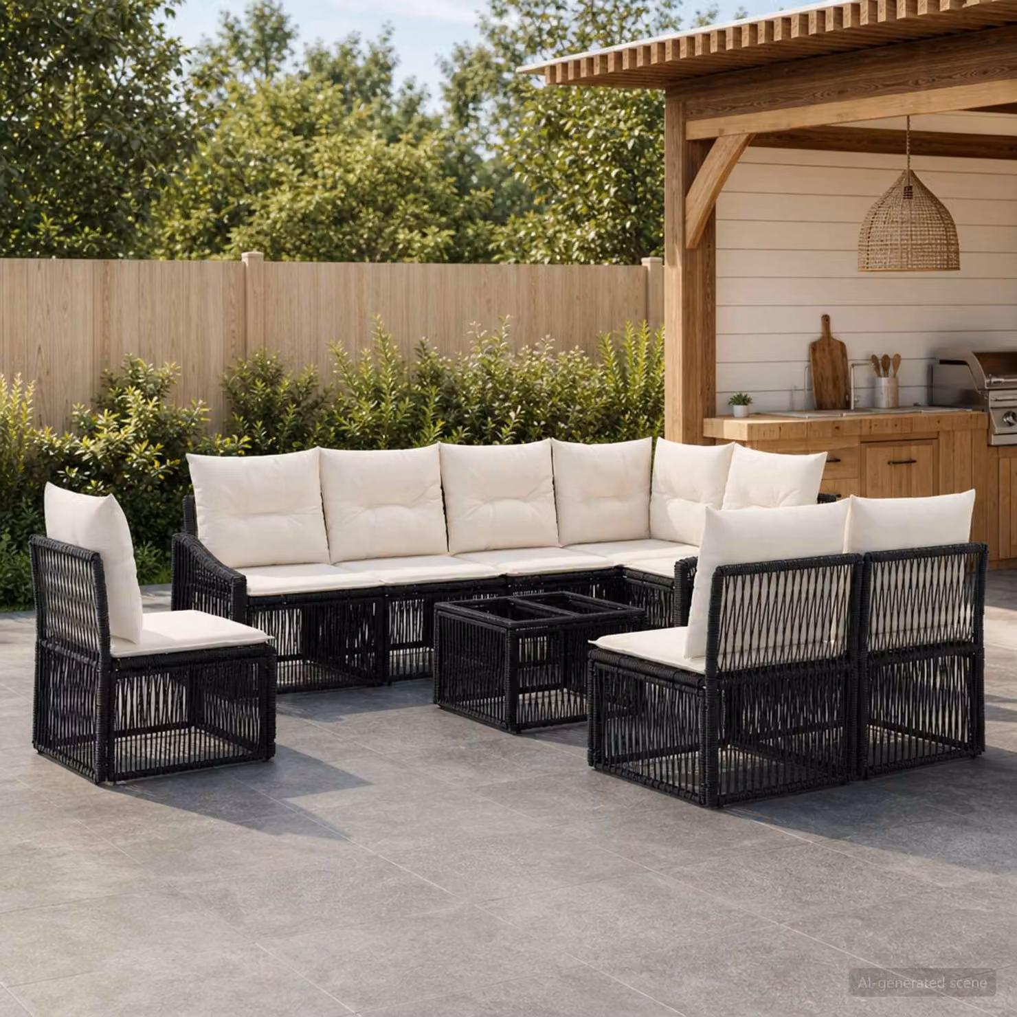 Set Divano da Giardino vidaXL 9 pz Nero con Poltrona, Elementi Angolari, Tavolino e Cuscini Imbottiti in Polyrattan e Metallo