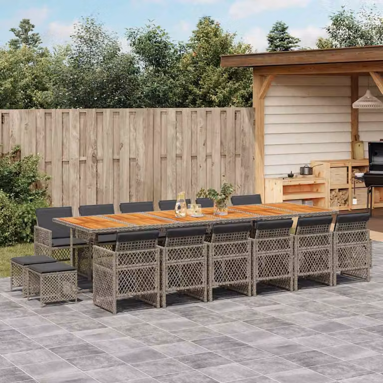 vidaXL Set da Pranzo da Giardino 17 Pezzi in Polyrattan e Legno di Acacia con Cuscini Grigio