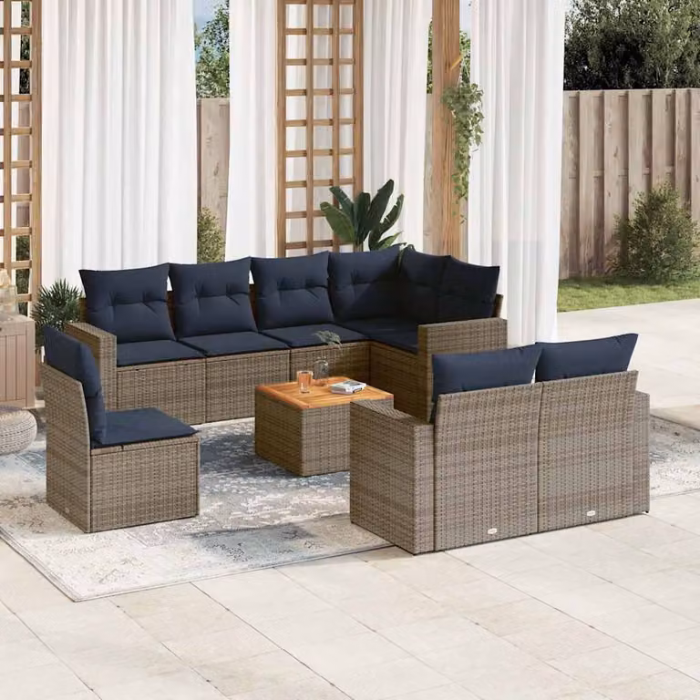 Set di divani da giardino vidaXL in polyrattan con cuscini grigi e blu, 9 pezzi con tavolino e sedute moderne per esterno