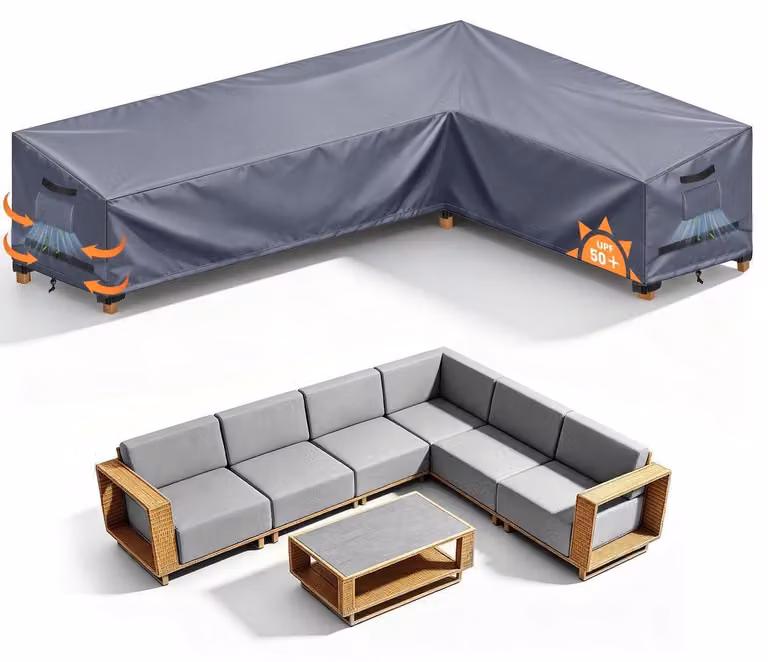 Copertura per mobili da giardino, divani da esterno a forma di L, impermeabile, grigia, dimensioni 260x210x90x80/65 cm, tessuto Oxford 420D
