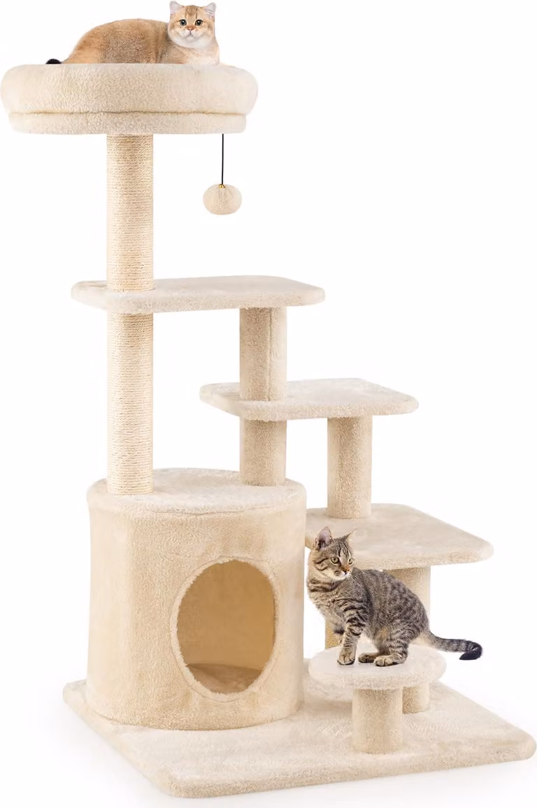 COSTWAY 102 cm tiragraffi in legno, grotta per gatti, trespolo imbottito, tiragraffi e piattaforme in sisal, tiragraffi per gatti ad albero a 7 livelli Beige