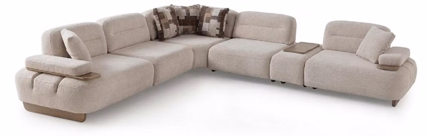 Divano angolare moderno, forma a L, beige, confortevole, modulare, con cuscini e inserti in legno, nuovo