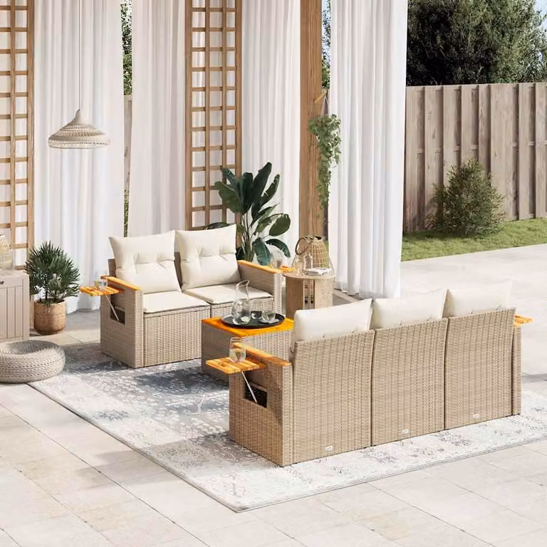 vidaXL Set Divano da Giardino a L composto da 6 pezzi con Cuscini Beige in Polyrattan e Tavolino da Caffè