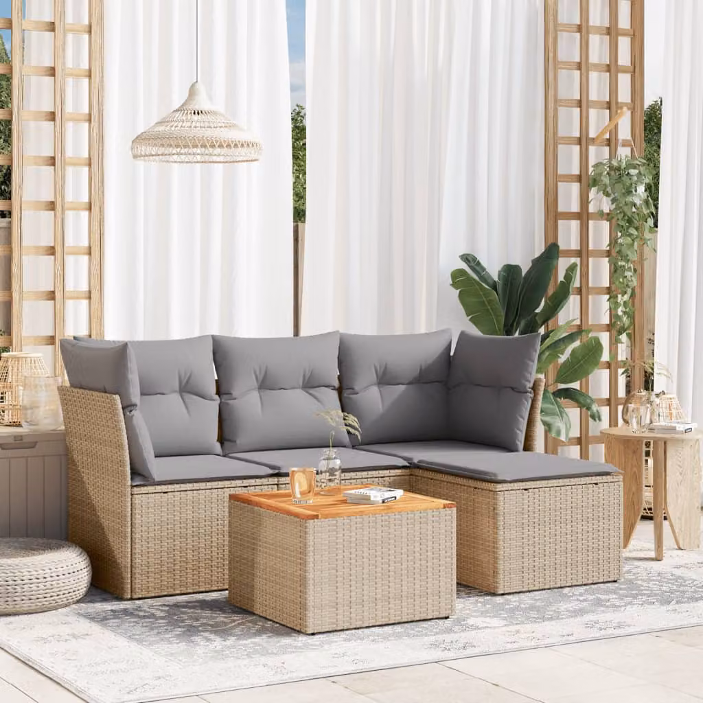 vidaXL Set Divano da Giardino 5 pz a Forma di L in Polyrattan con Cuscini Beige e Grigio – 1