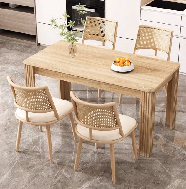 Set di 4 Sedie da Pranzo con Seduta in PU e Schienale in Rattan Beige