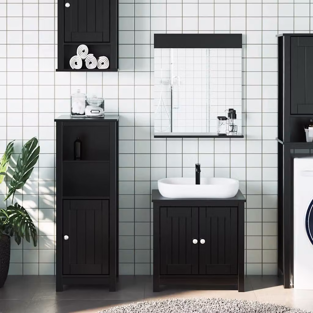 Set di mobili da bagno vidaXL BERG 3 pezzi in legno di pino nero stile rustico con mobile lavabo, mobileto laterale e armadietto con specchio – 1