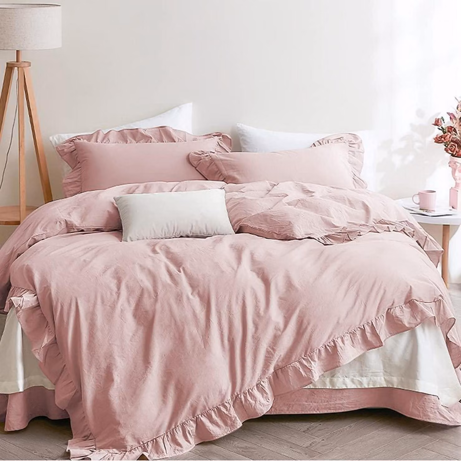 Set di lenzuola con volant, 200x220 cm, rosa, 100% microfibra,  OEKO-TEX