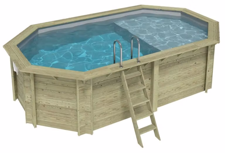 Piscina in legno NEMO 5.79 x 3.49 – H.1.45 m con spiaggia, grigio, con supporti da cementare