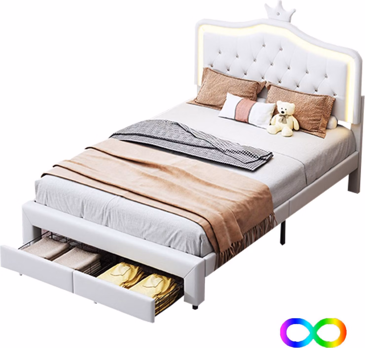 Letto imbottito Fortuna Lai 140x200 cm, LED, forma a fiore, contenitore, testata regolabile, bianco