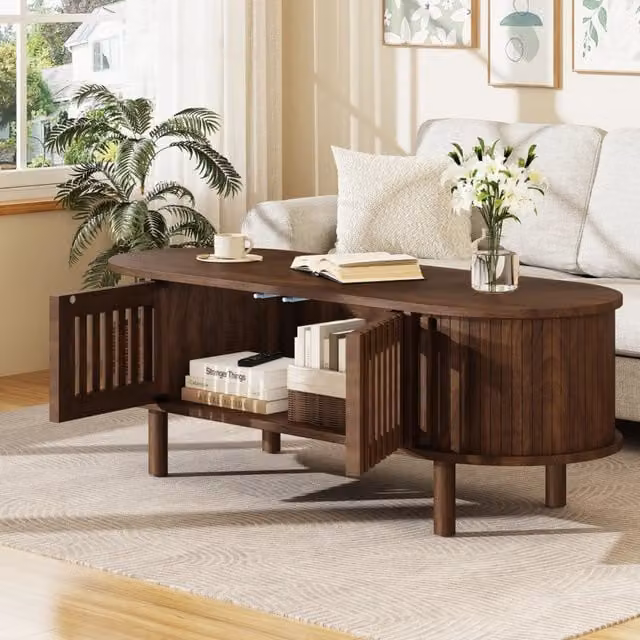 Desviae Tavolino basso ovale in MDF con 2 ante a lamelle e anta a rullo scorrevole per soggiorno color noce 100 × 40 × 38 cm