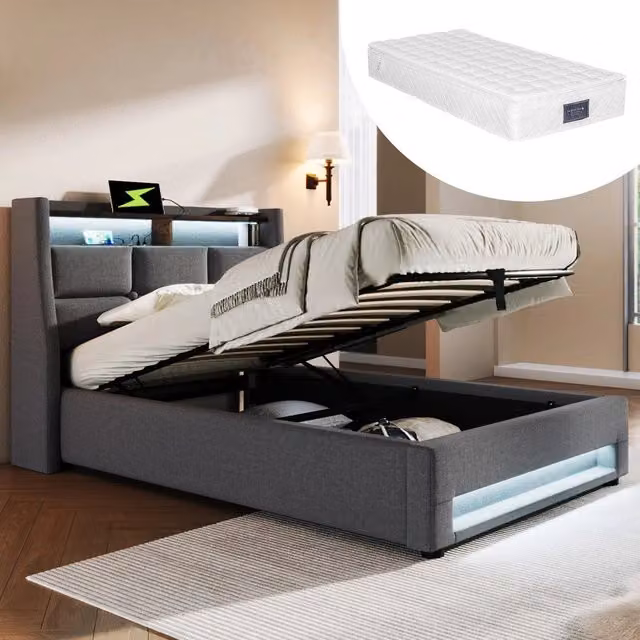 Letto imbottito singolo con rete a doghe ¨C Minimal ¨C 90x200cm, bianco, legno di pino, con materasso