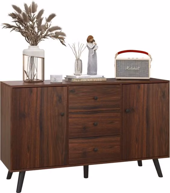 Credenza Moderna per Soggiorno con 2 Armadietti e 3 Cassetti, Mobile in Legno e Truciolato con Ripiani Regolabili, Marrone e Nero, 127x40x76 cm