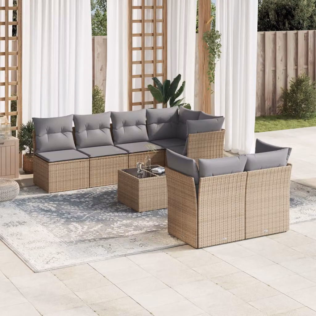 vidaXL Set Divano da Giardino 8 pz a Forma di L con Cuscini Beige e Tavolino da Esterno in Polyrattan e Acciaio – 1