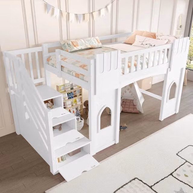 Letto a soppalco 90 × 200 cm con scala con 3 vani contenitore e 2 finestre, senza materasso, bianco in pino e MDF