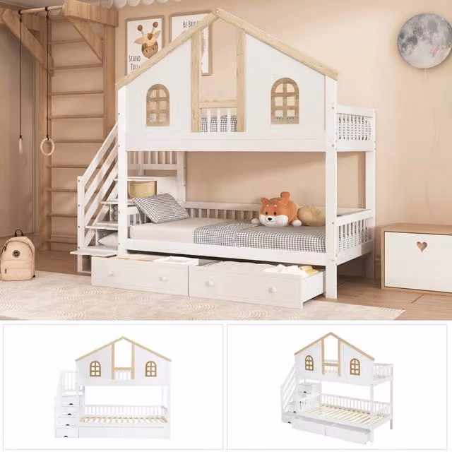 Letto a castello per bambini 90x200 cm con scala contenitore; 2 cassetti e finestre; pino e MDF; bianco e naturale