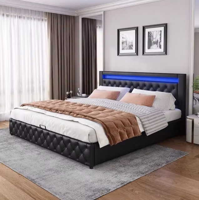 Letto imbottito 160x200 cm; con LED e contenitore; PU nero (Senza materasso)