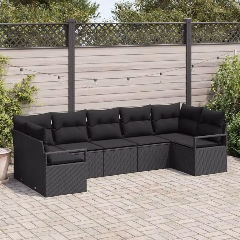 Set di divani da giardino vidaXL in polyrattan nero con cuscini e tavolino da esterno