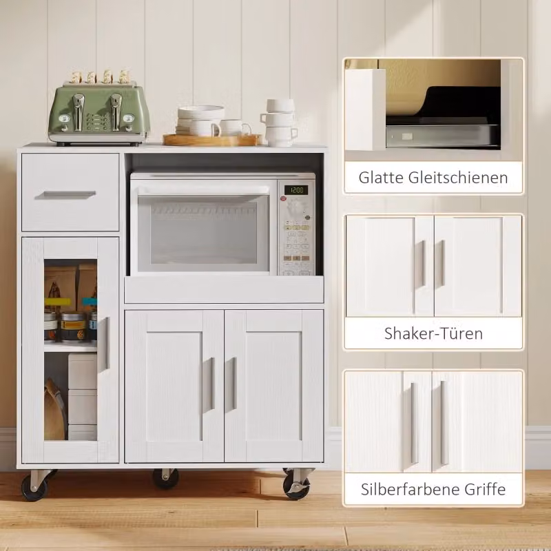 Mobile da cucina moderno OKWISH in legno e MDF bianco con ruote, 1 cassetto, 1 vano aperto, 2 ante e ripiano regolabile, L: 80,0 cm, P: 40,0 cm, H: 88,7 cm – 2