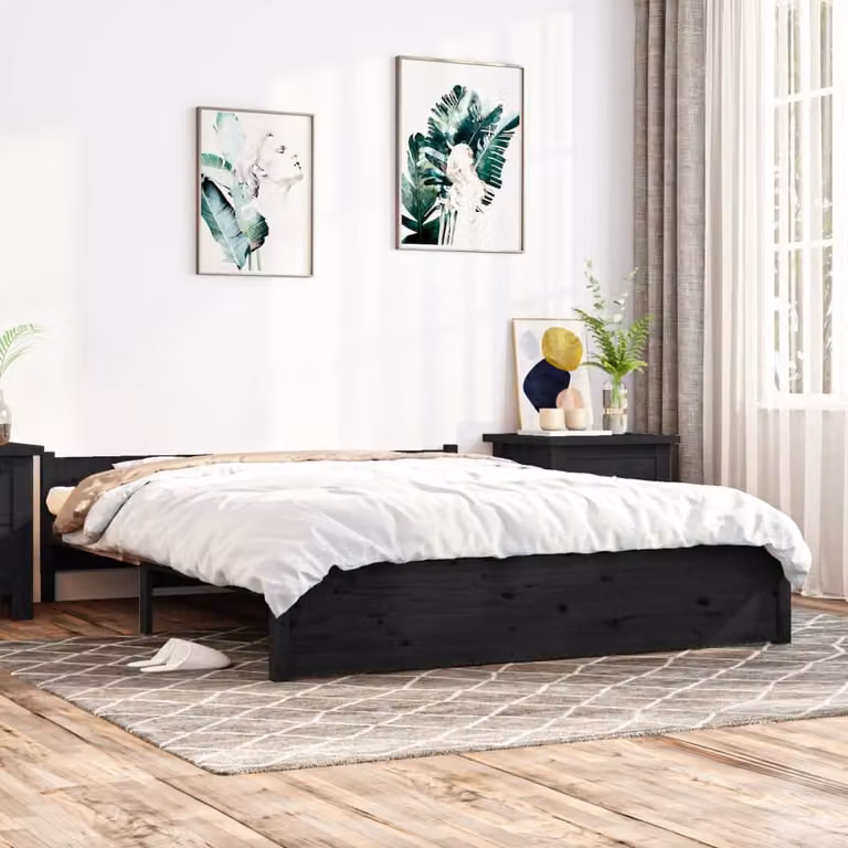 The Living Store Letto in legno massiccio nero 140x190 cm