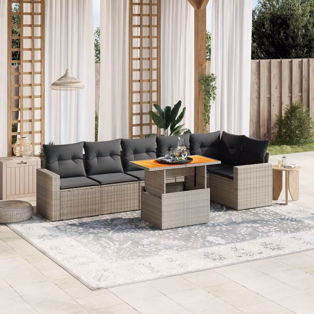 vidaXL Set Divani da Giardino 7 pz a Forma a L in Polyrattan Grigio con Cuscini e Tavolino – 1