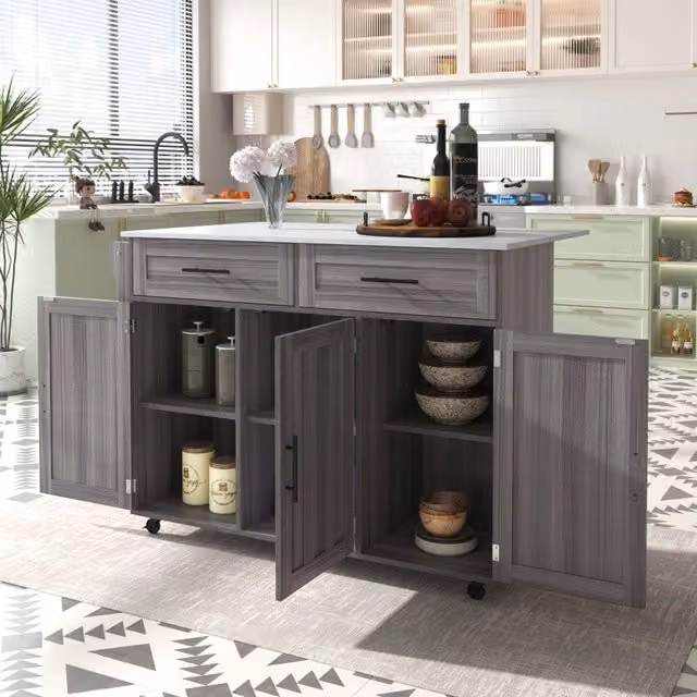 Carrello da cucina con piano pieghevole 2 cassetti e ripiani su 5 ruote in MDF grigio e bianco 129 × 71 × 91,5 cm