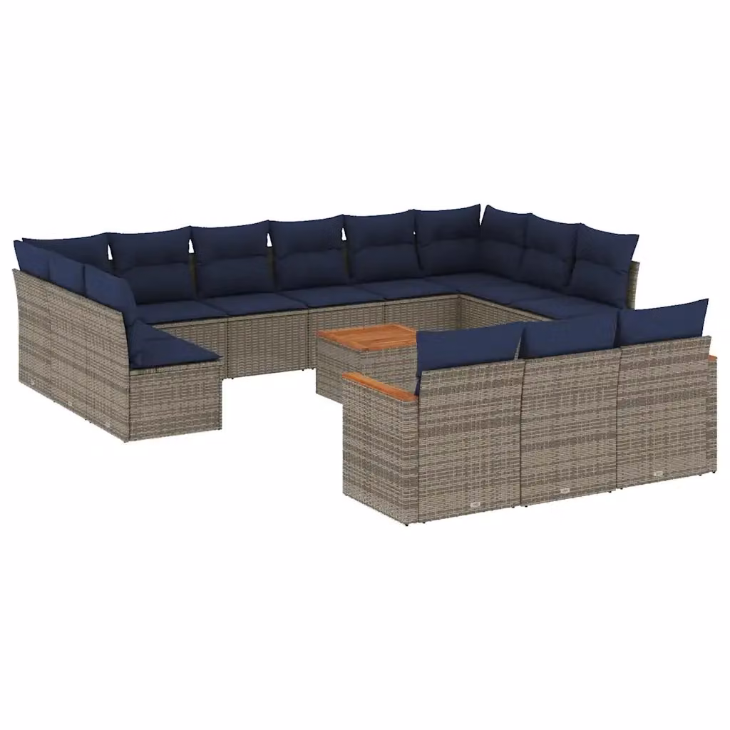Set di divani da giardino a forma di U vidaXL in rattan con cuscini grigi e blu e tavolino da esterno – 2