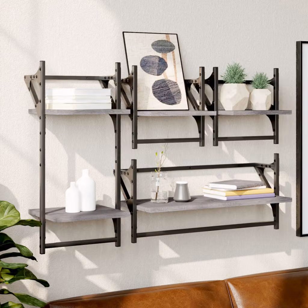 Set di 4 mensole da parete vidaXL in legno multistrato e metallo, stile industriale, colore grigio e marrone