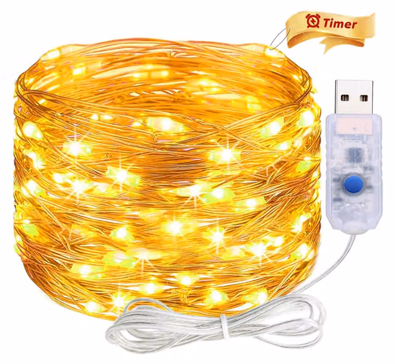 Catena luminosa USB con timer, 2 metri, 20 LED, luce bianco caldo, filo di rame