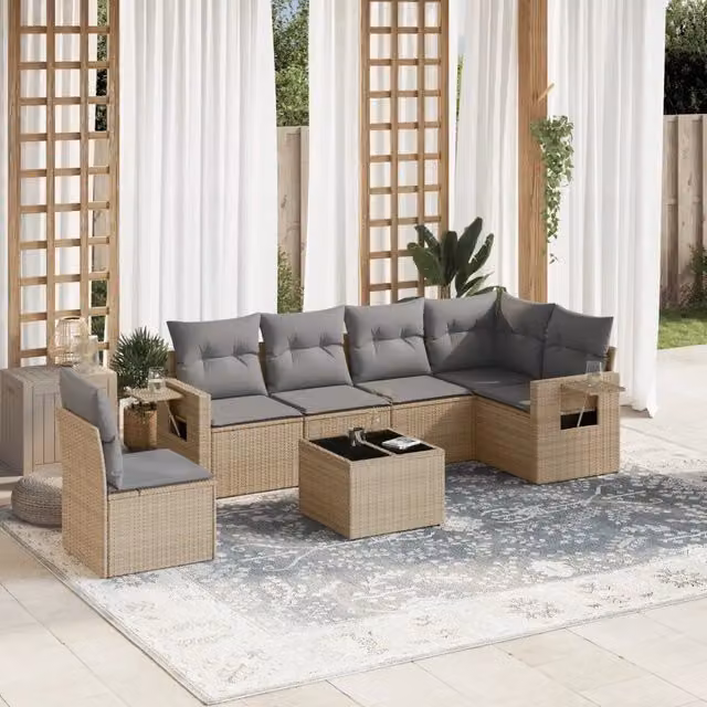 Set Divani da Giardino 7 pz con Cuscini Beige in Polyrattan 3252576