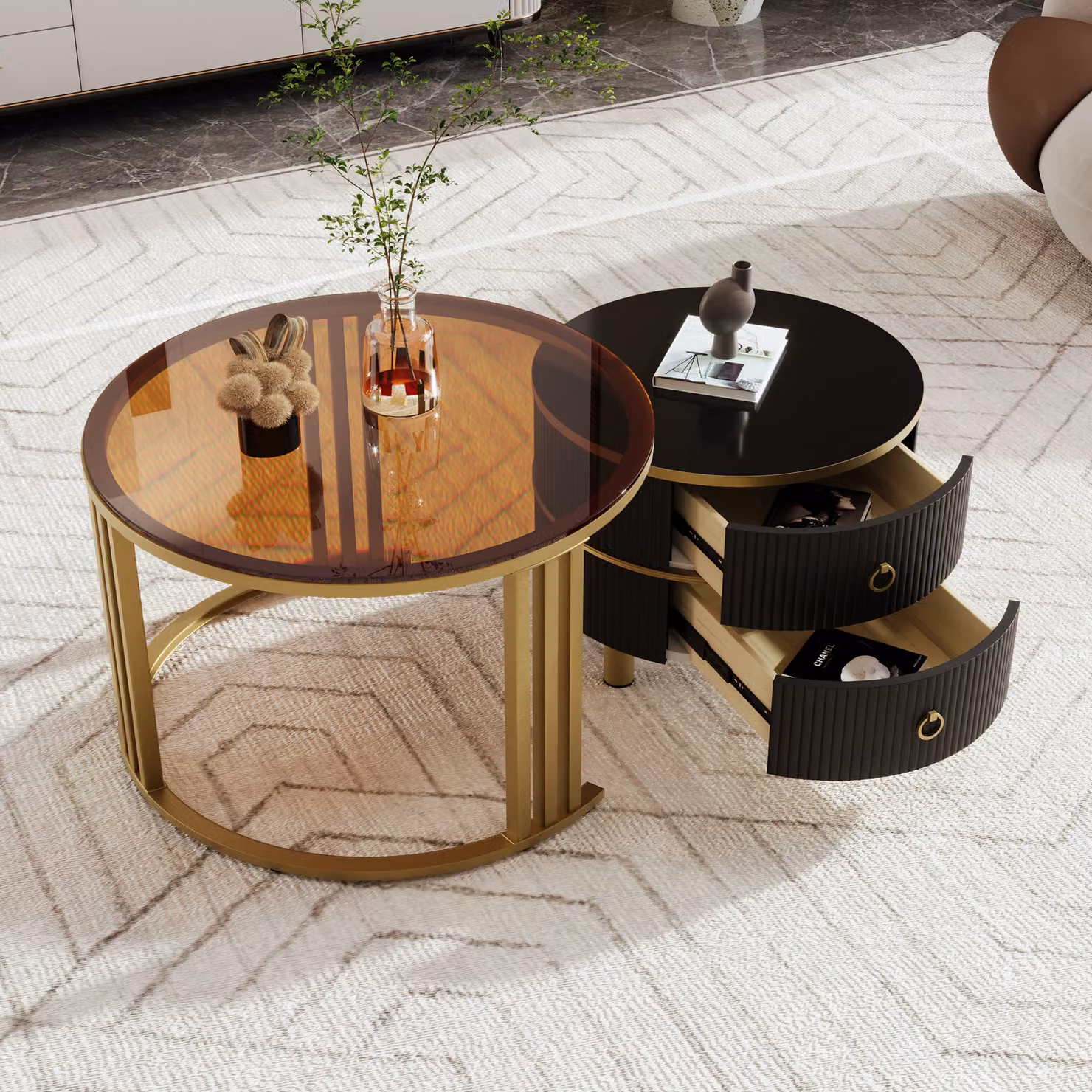 Okwish Tavolino rotondo 2 in 1 in MDF, tavolino 70x70x45 + 50x50x40 cm con vetro temperato, tavolino con 2 cassetti, nero/marrone