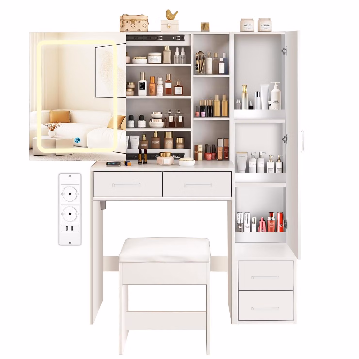 AIORBER Tavolo da trucco con specchio LED, presa di corrente e USB, supporto per asciugacapelli, 4 cassetti, armadio alto a destra, ripiani aperti, sgabello, dimmerabile, 3 modalità di illuminazione bianca