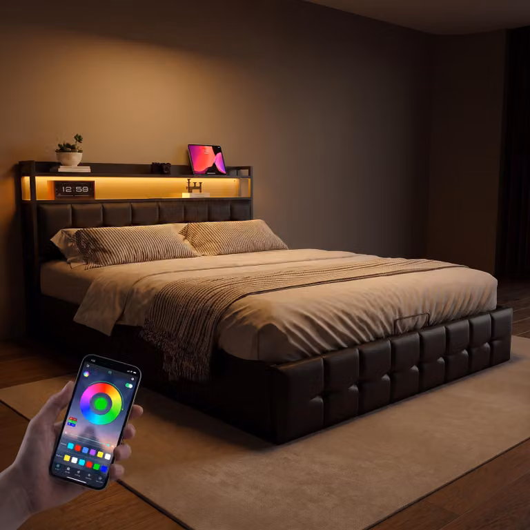 Letto con boxspring INONEFT, 140x190 cm, con LED e USB, letto con sistema di sollevamento idraulico e spazio contenitore, struttura letto imbottita con rete a molle/spazio contenitore, letto matrimoniale, in PU, colore nero