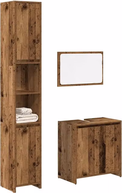 Set Mobili da Bagno 3 Pezzi vidaXL in Legno Antico Marrone con Mobile Lavabo, Armadio Alto e Armadietto con Specchio