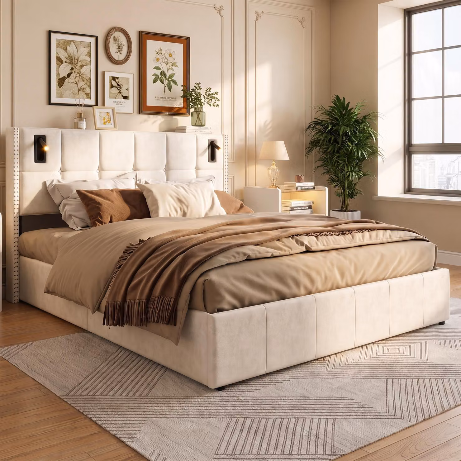 Letto con boxspring 140x200 con luce da lettura, letto con sistema di sollevamento idraulico e contenitore, letto imbottito a due piazze con rete a doghe, in velluto, color beige