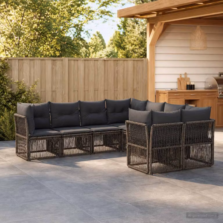 Set Divano da Giardino vidaXL a 8 posti in Polyrattan Grigio con Cuscini e Struttura in Acciaio